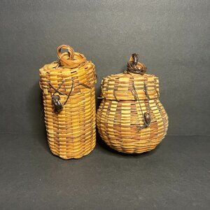 Set of 2 Handmade Miniature Wicker Woven Spice Baskets w/ Lids & Latches